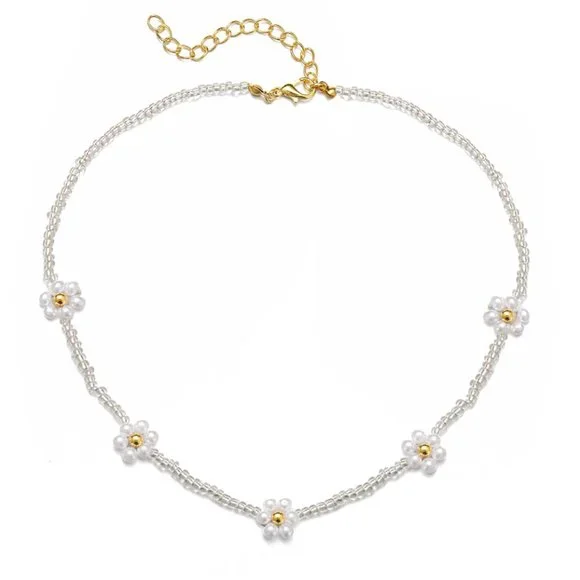 Y2K White Beaded Pearl Daisy Flower Unisex Choker Necklace NEW - Picture 5 of 6